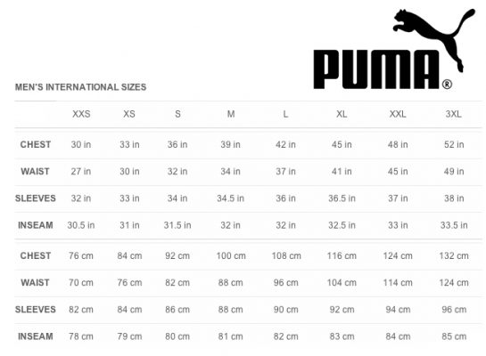 puma men's size chart