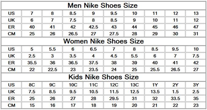 nike basketball shoe size chart