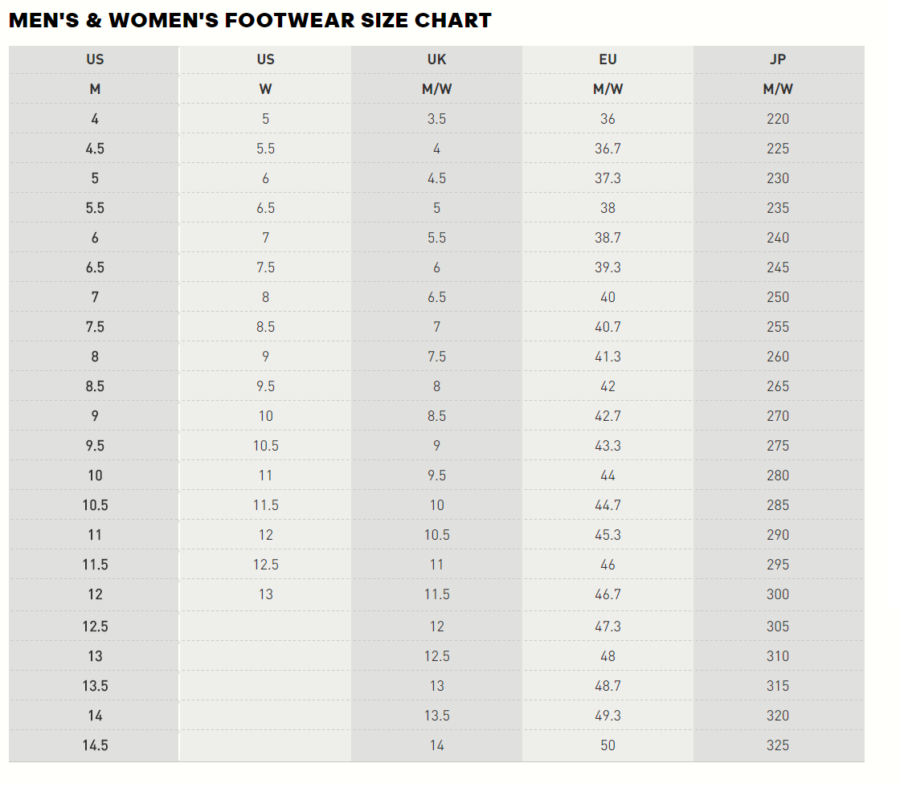 size chart diadora shoes