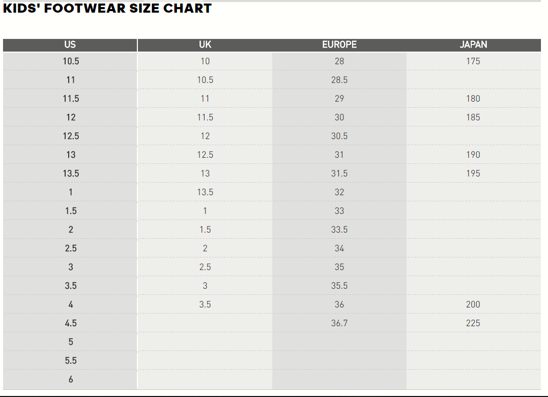 adidas size chart kids clothing